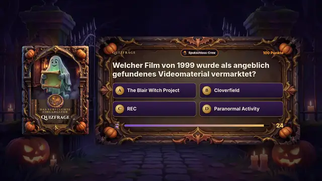 Quizfrage auf dem großen Bildschirm mit vier Antworten und Zeitbalken