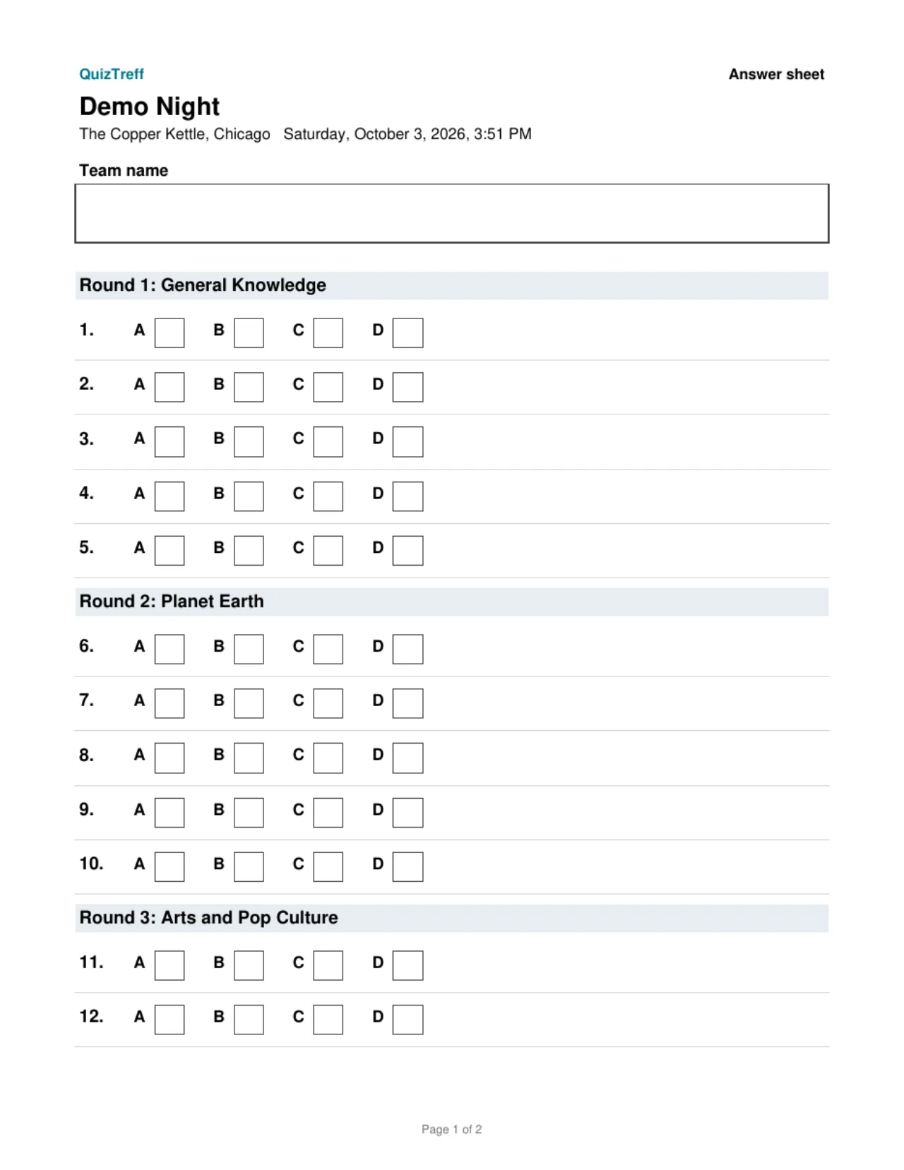 Printable answer sheet