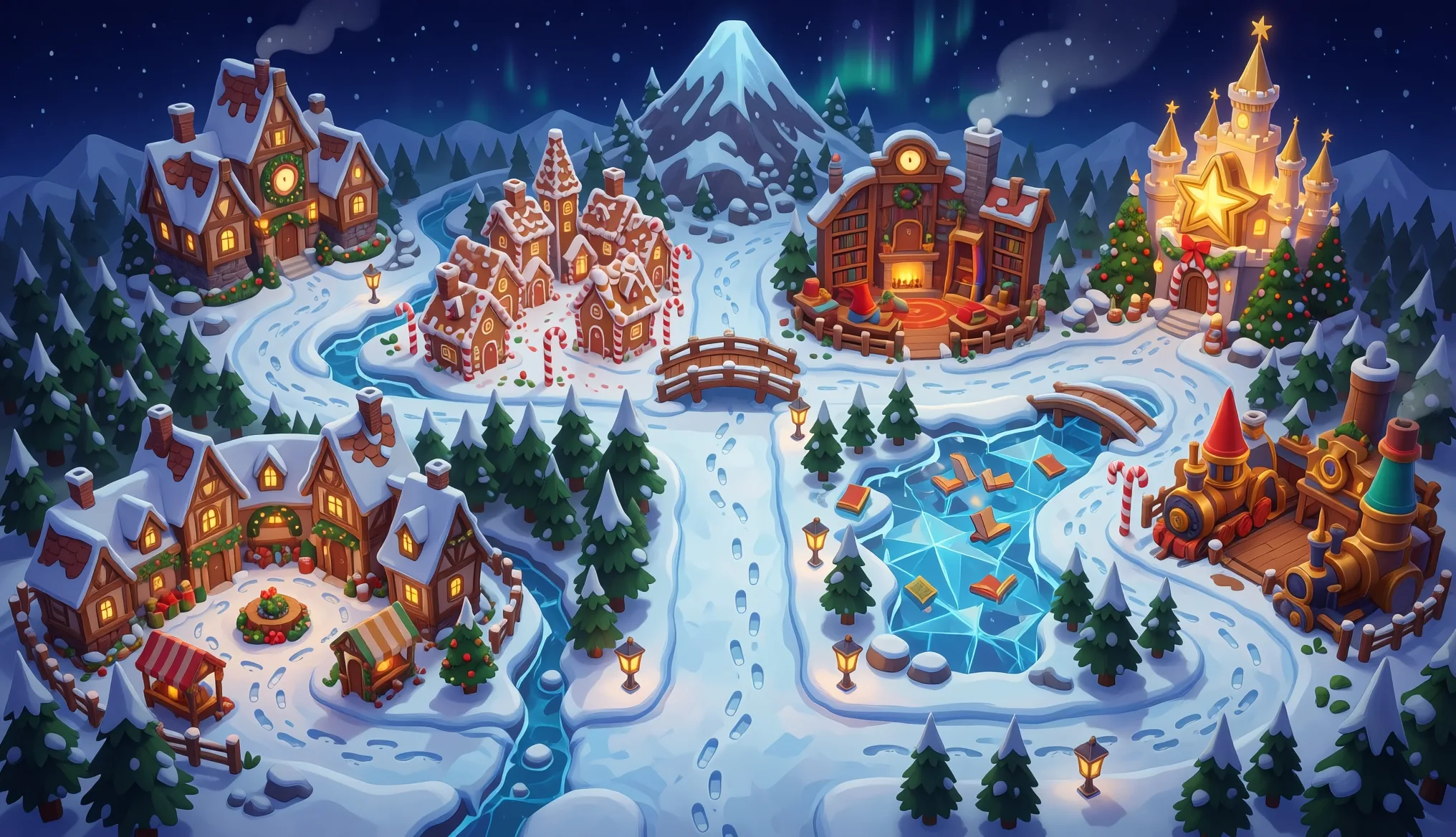 Das Spielbrett von Die verlorene Weihnacht mit Weihnachtsdorf, Tannenwald, Lebkuchenstadt, Wichtelwerkstatt, Sternensee, Halle der Weihnachtsgeschichten, Nordlichtberg und Weihnachtsschloss